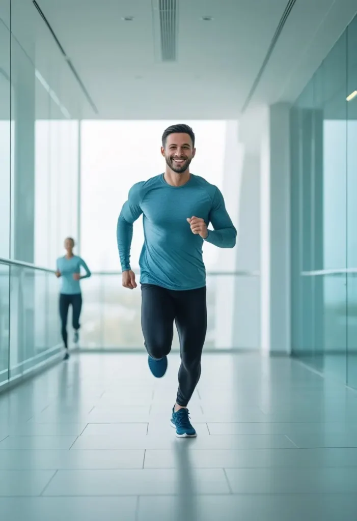 Imagem de homem ativo e sorridente, transmitindo saúde da próstata, vitalidade e bem-estar em cenário positivo, com cores suaves e estilo leve e realista.