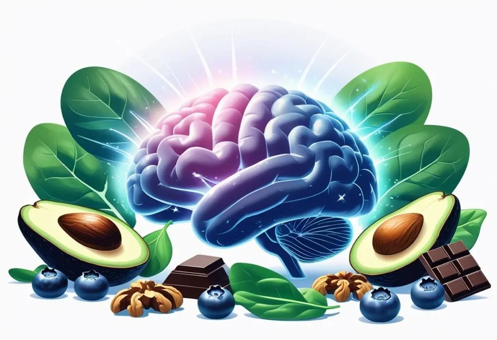 Ilustração de um cérebro rodeado por alimentos bons para o cérebro, como mirtilos, nozes, abacate, folhas verdes, salmão e chocolate, simbolizando foco e concentração.