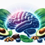 Ilustração de um cérebro rodeado por alimentos bons para o cérebro, como mirtilos, nozes, abacate, folhas verdes, salmão e chocolate, simbolizando foco e concentração.