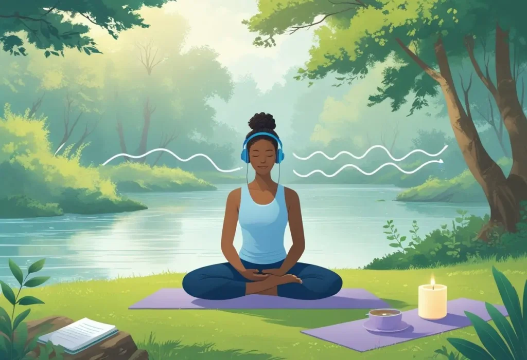 Pessoa sentada em um ambiente natural tranquilo praticando técnicas para aliviar a ansiedade, cercada por elementos que representam relaxamento e equilíbrio emocional.