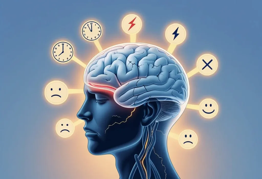 Ilustração de um cérebro humano dentro de uma cabeça transparente cercado por sete símbolos que representam sinais de alerta, mostrando que o cérebro está sobrecarregado e precisa de mudança na rotina.