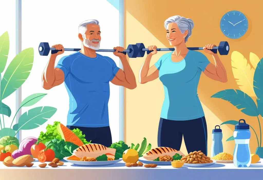 Homem e mulher na casa dos 50 anos se exercitando com pesos leves, acompanhados de alimentos saudáveis em uma mesa, ilustrando dieta para manutenção muscular.