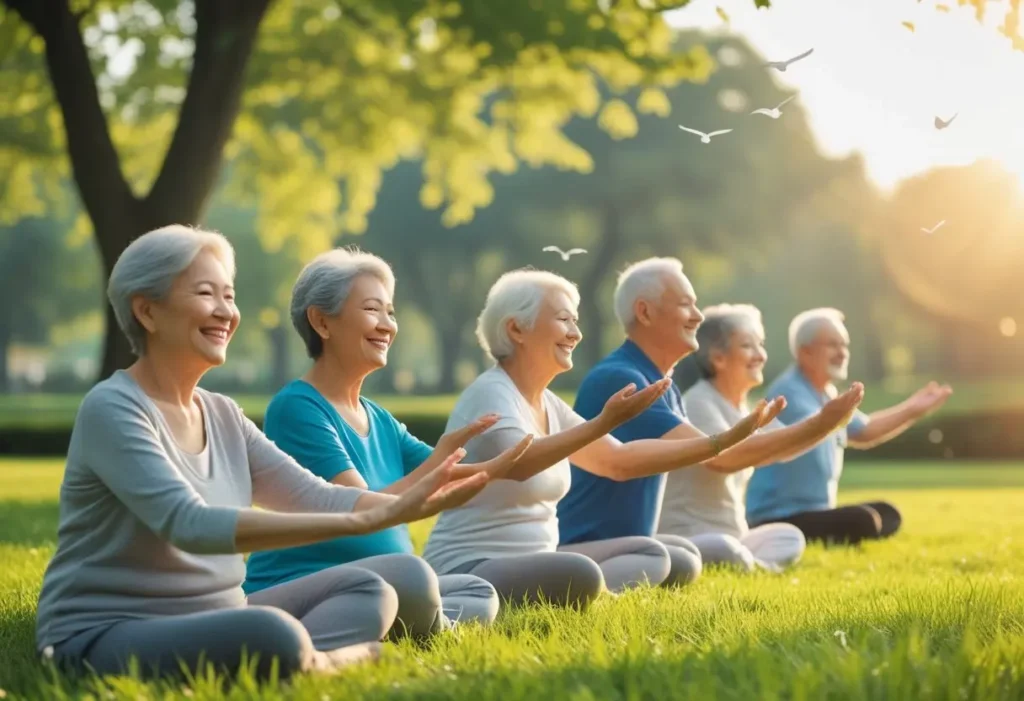 Grupo de idosos engajados em exercícios leves pela manhã, mostrando como hábitos matinais influenciam a longevidade.