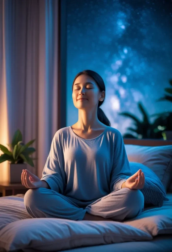 Pessoa sentada de olhos fechados em um quarto tranquilo, praticando meditação guiada para dormir profundamente para aliviar o estresse e ter noites de sono reparador.