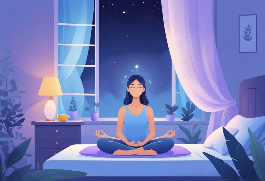 Pessoa praticando meditação mindfulness sentada em um quarto tranquilo à noite, com luz suave e elementos que transmitem calma e relaxamento.