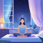 Pessoa praticando meditação mindfulness sentada em um quarto tranquilo à noite, com luz suave e elementos que transmitem calma e relaxamento.