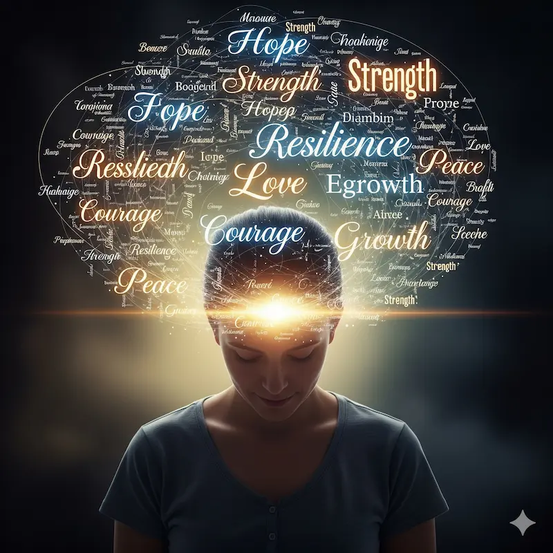 Jovem com luz no cérebro e nuvem de palavras positivas como 'esperança', 'crescimento', 'resiliência' ao redor da cabeça, simbolizando o poder do vocabulário na mudança de vida e transformação pessoal.