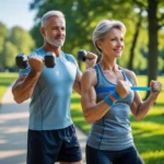 Homem e mulher de meia-idade fazendo exercícios com halteres e faixas em parque, prevenindo perda de massa muscular.