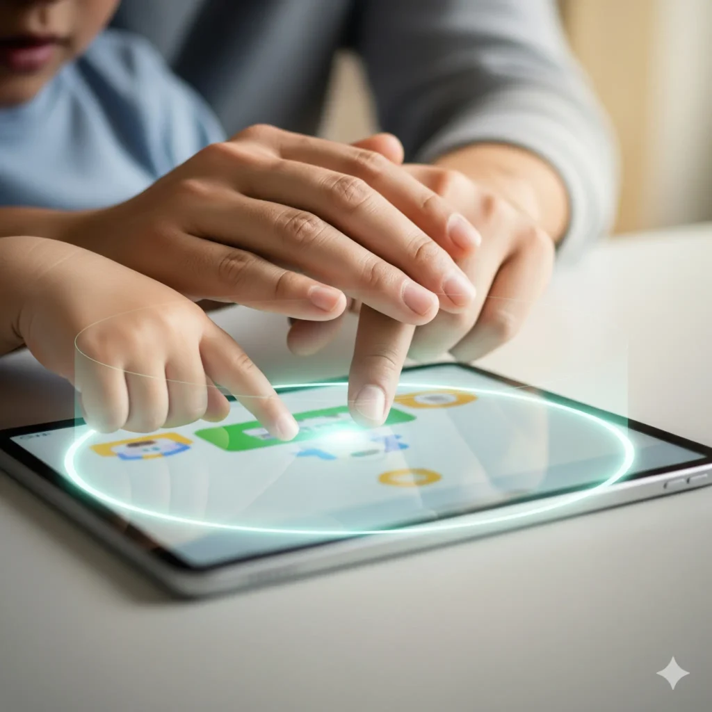 Mão de adulto e criança juntas em um tablet com círculo de proteção digital, simbolizando como proteger seu filho de anúncios impróprios e garantir a segurança online.