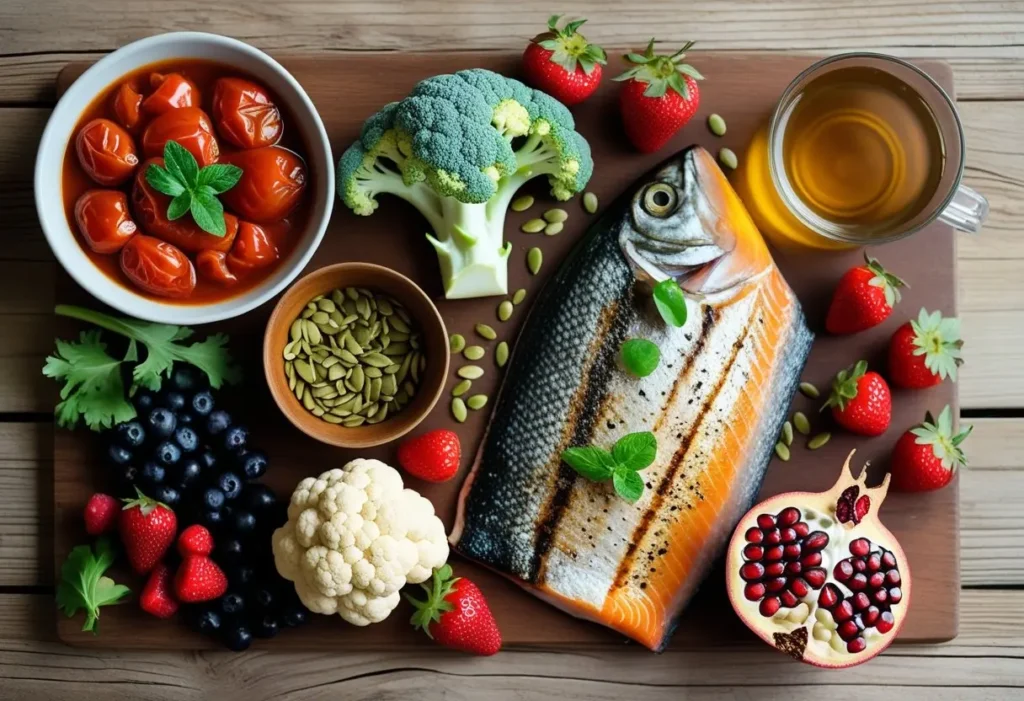 Imagem de uma mesa repleta de alimentação para a próstata. Tomates cozidos, brócolis e couve-flor frescos ,Peixe Sementes de abóbora ,Castanhas-do-pará entre outros.