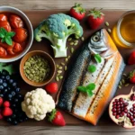 Imagem de uma mesa repleta de alimentação para a próstata. Tomates cozidos, brócolis e couve-flor frescos ,Peixe Sementes de abóbora ,Castanhas-do-pará entre outros.