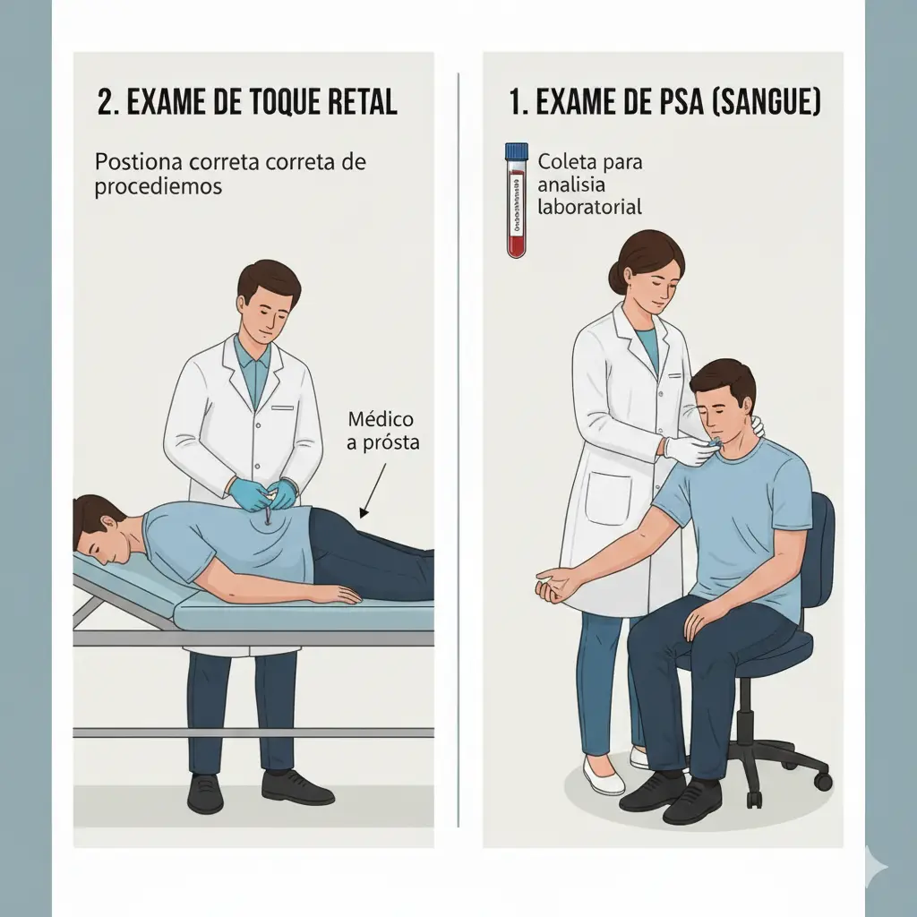 Imagem de um doutor fazendo exame de próstata e uma atendende preparando para coleta de sangue para exame de psa
