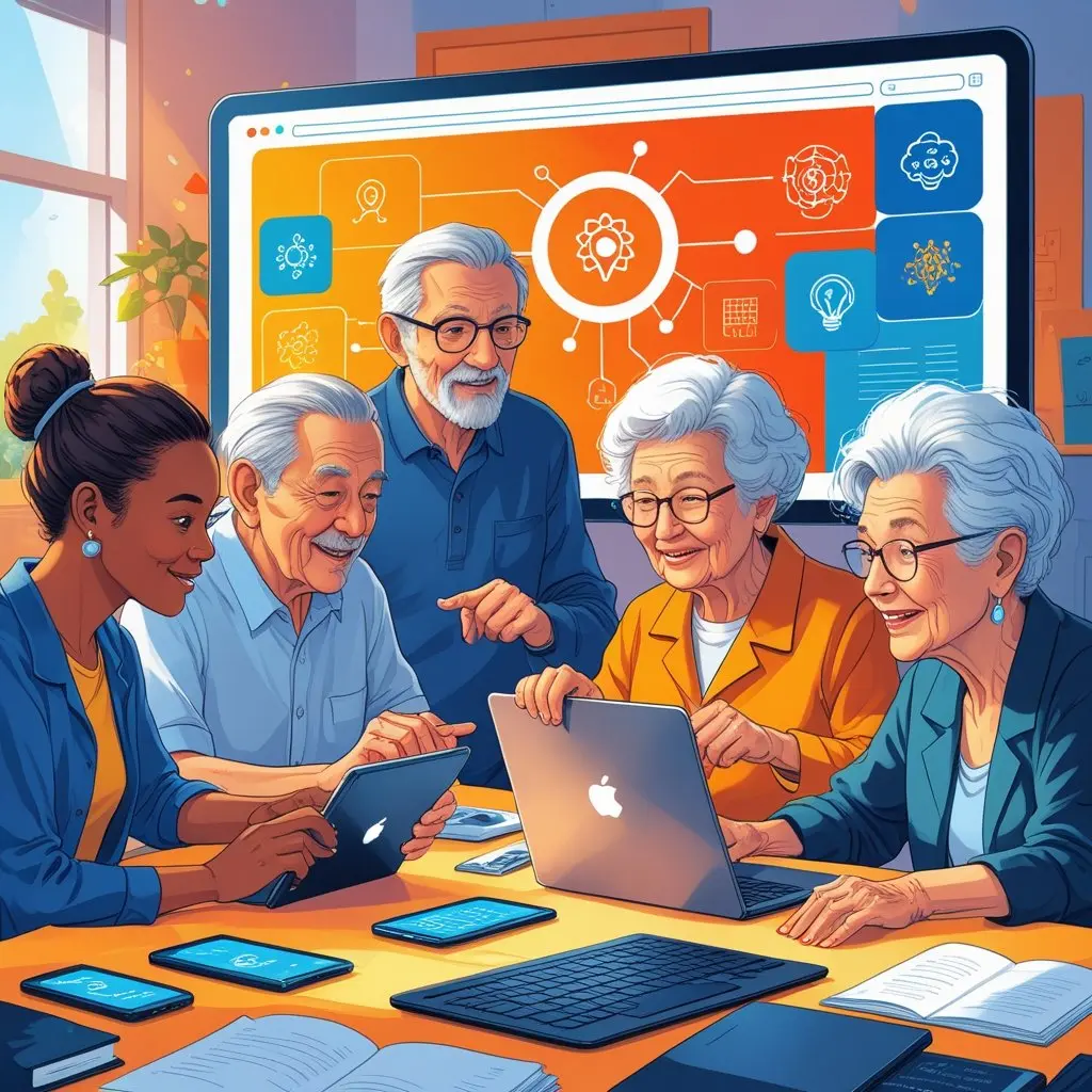 Jovens e idosos aprendendo juntos habilidades digitais em uma sala de aula moderna, simbolizando a inclusão digital na era da IA.