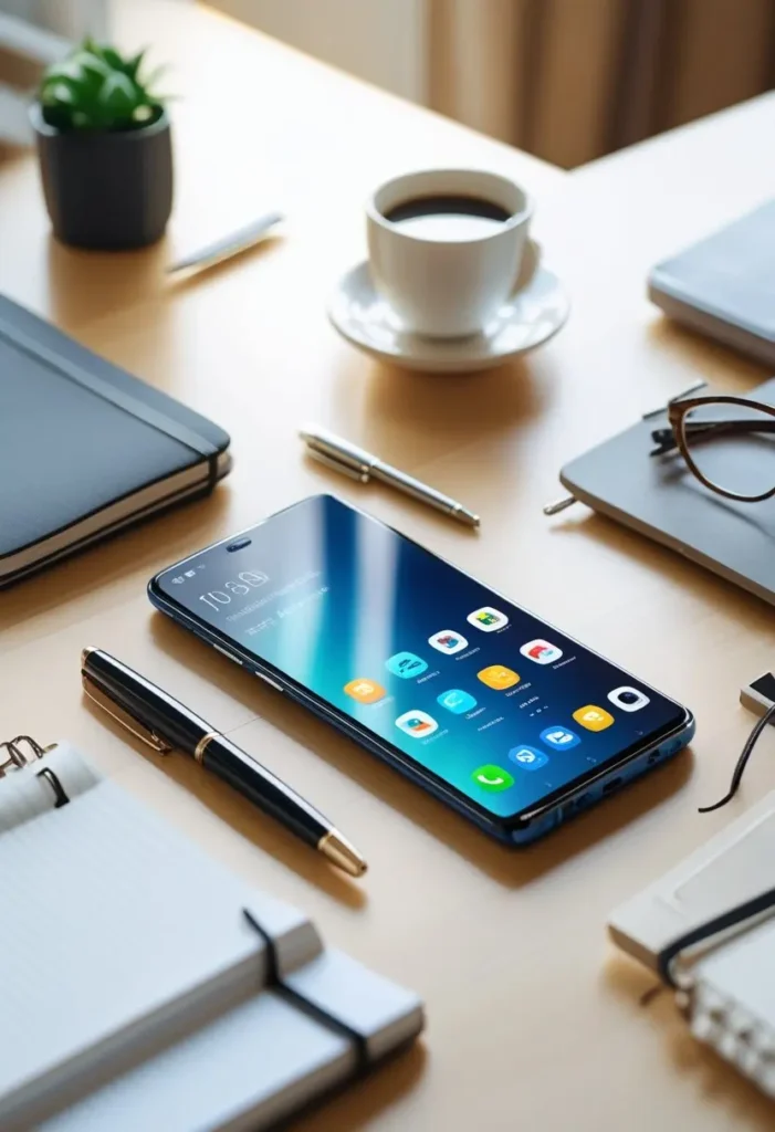 Imagem ilustrando os segredos do celular: um smartphone moderno sobre uma mesa de madeira clara, ao lado de um caderno, caneta, óculos e uma xícara de café.
